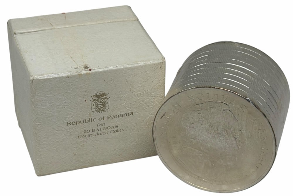 Ten Uncirculated 1973 Panama Twenty Balboas Silver Coins 38.539 Ounces Of Silver: Lot Of Ten Uncirculated 1973 Panama Twenty Balboas Silver Coins. The coins are .925 fine and contain 3.8539 troy ounces of pure silver each, the total silver weight of the ten coins is 38.539 troy oun