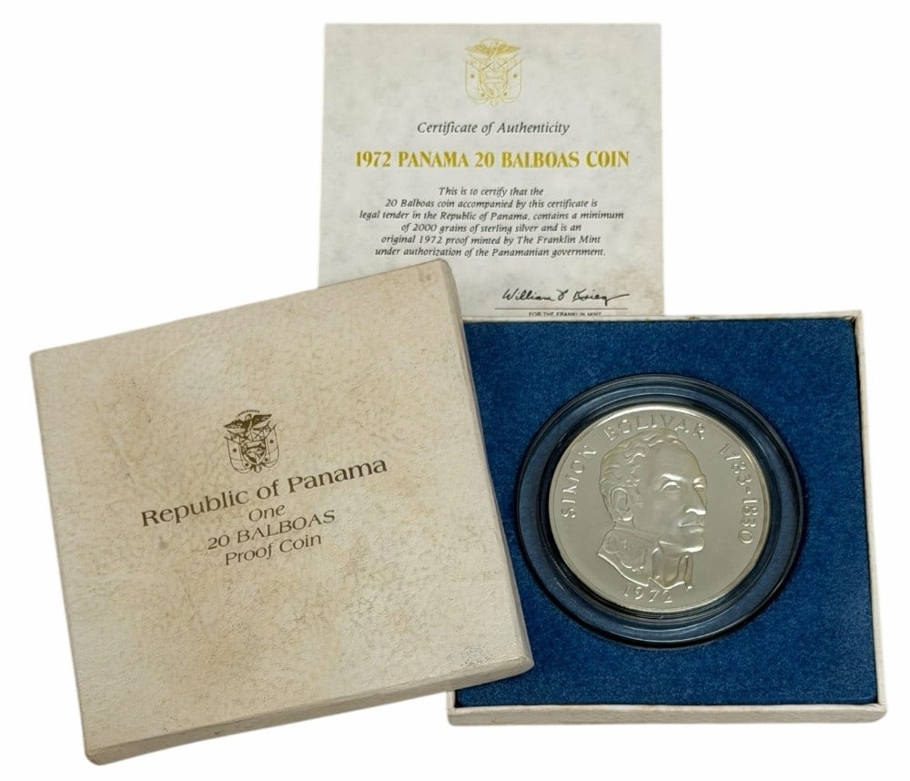 1972 Panama Twenty Balboas Proof Silver Coin 3.8539 Ounces Of Silver: 1972 Panama Twenty Balboas Proof Silver Coin. The coin is .925 fine and contain 3.8539 troy ounces of pure silver. Comes in the original mint packaging with COA.