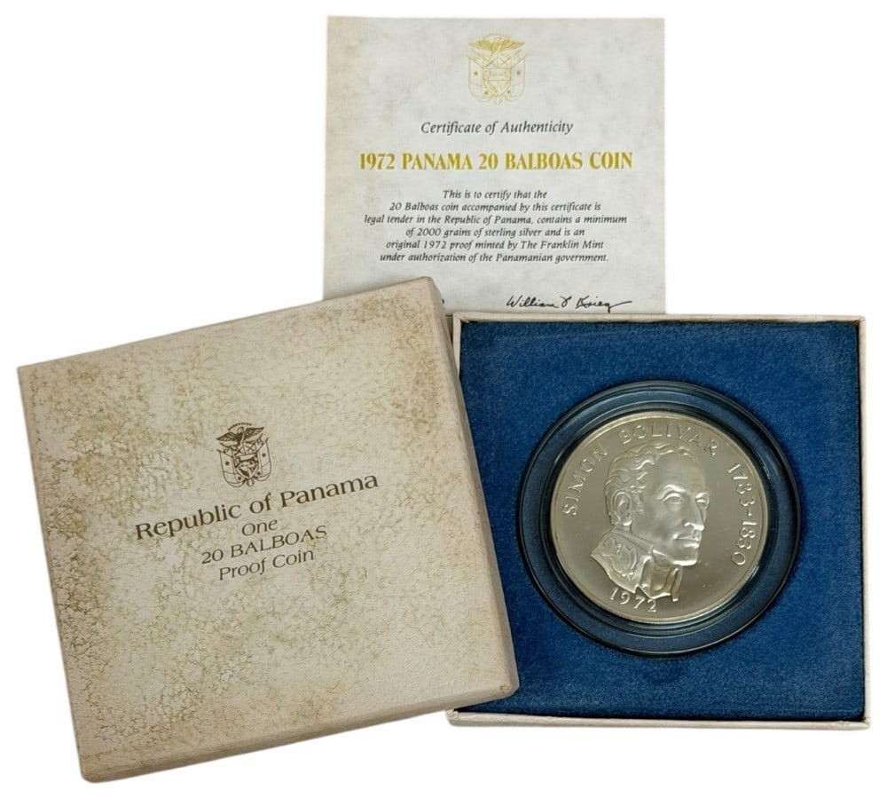 1972 Panama Twenty Balboas Proof Silver Coin 3.8539 Ounces Of Silver: 1972 Panama Twenty Balboas Proof Silver Coin. The coin is .925 fine and contain 3.8539 troy ounces of pure silver. Comes in the original mint packaging with COA.