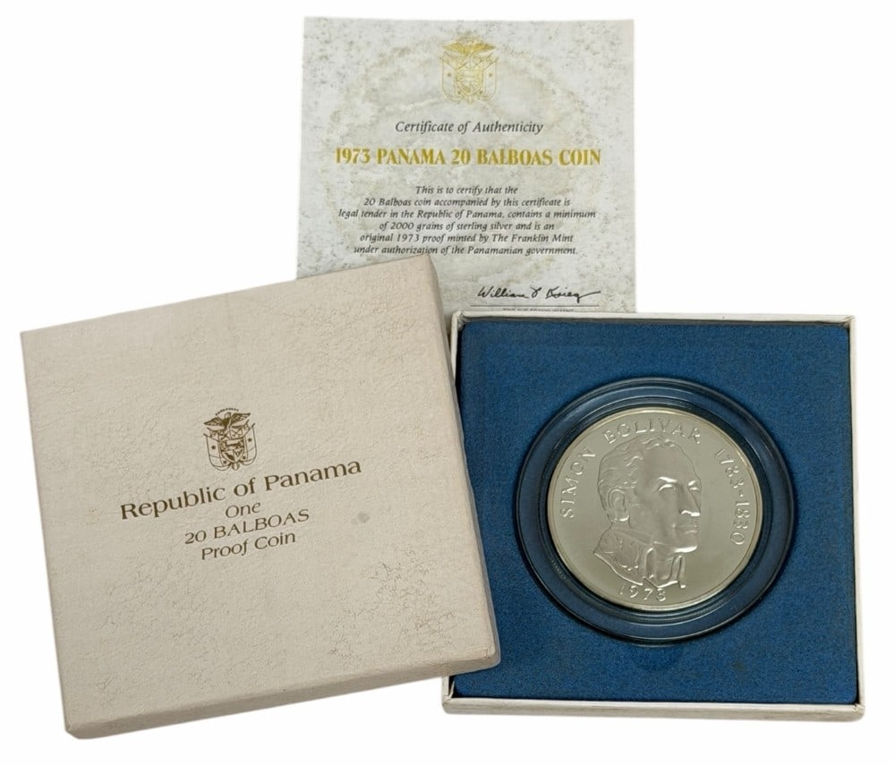 1973 Panama Twenty Balboas Proof Silver Coin 3.8539 Ounces Of Silver: 1973 Panama Twenty Balboas Proof Silver Coin. The coin is .925 fine and contain 3.8539 troy ounces of pure silver. Comes in the original mint packaging with COA.
