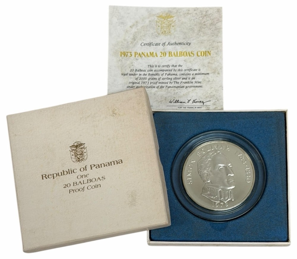 1973 Panama Twenty Balboas Proof Silver Coin 3.8539 Ounces Of Silver: 1973 Panama Twenty Balboas Proof Silver Coin. The coin is .925 fine and contain 3.8539 troy ounces of pure silver. Comes in the original mint packaging with COA.