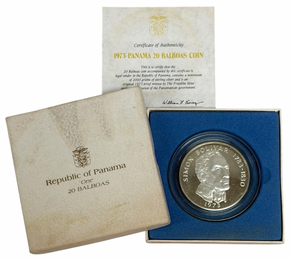 1973 Panama Twenty Balboas Proof Silver Coin 3.8539 Ounces Of Silver: 1973 Panama Twenty Balboas Proof Silver Coin. The coin is .925 fine and contain 3.8539 troy ounces of pure silver. Comes in the original mint packaging with COA.