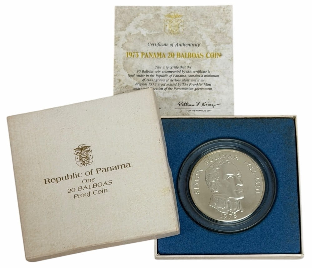 1973 Panama Twenty Balboas Proof Silver Coin 3.8539 Ounces Of Silver: 1973 Panama Twenty Balboas Proof Silver Coin. The coin is .925 fine and contain 3.8539 troy ounces of pure silver. Comes in the original mint packaging with COA.