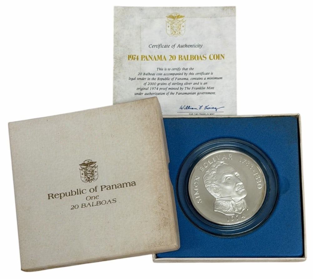 1974 Panama Twenty Balboas Proof Silver Coin 3.8539 Ounces Of Silver: 1974 Panama Twenty Balboas Proof Silver Coin. The coin is .925 fine and contain 3.8539 troy ounces of pure silver. Comes in the original mint packaging with COA.