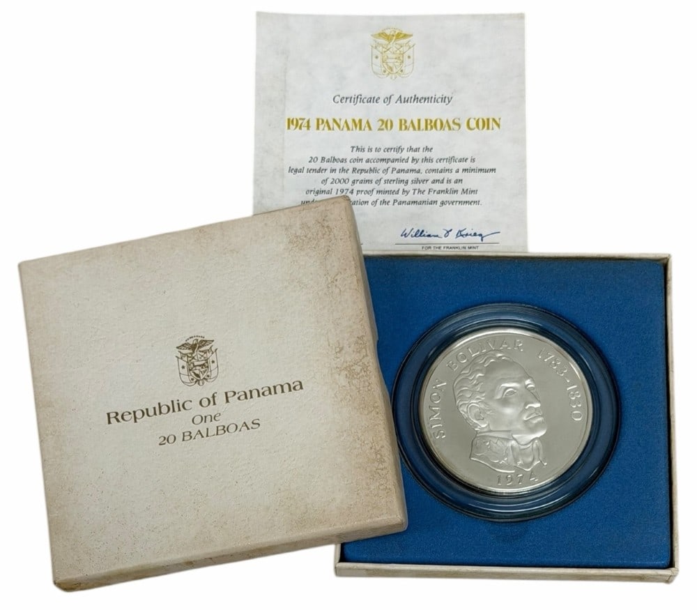 1974 Panama Twenty Balboas Proof Silver Coin 3.8539 Ounces Of Silver: 1974 Panama Twenty Balboas Proof Silver Coin. The coin is .925 fine and contain 3.8539 troy ounces of pure silver. Comes in the original mint packaging with COA.