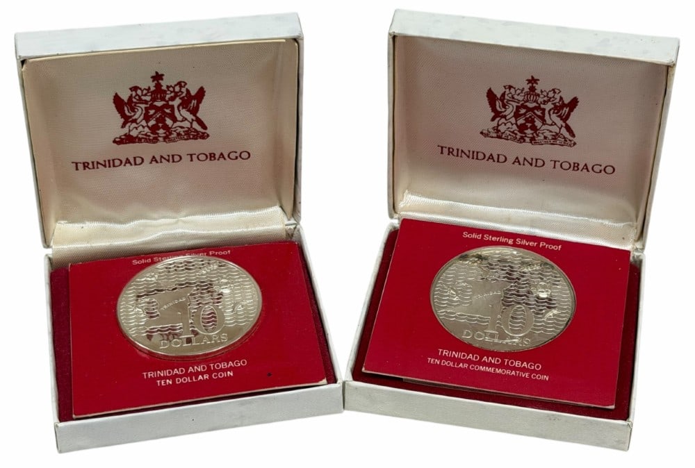 1972 & 1973 Trinidad & Tobago Ten Dollar Proof Silver Coins 2.0818 Ounces Of Silver: 1972 & 1973 Trinidad & Tobago Ten Dollar Proof Silver Coins. The coins are .925 fine and contain 1.0409 troy ounces of pure silver each, the total weight is 2.0818 troy ounces of pure silver. They com