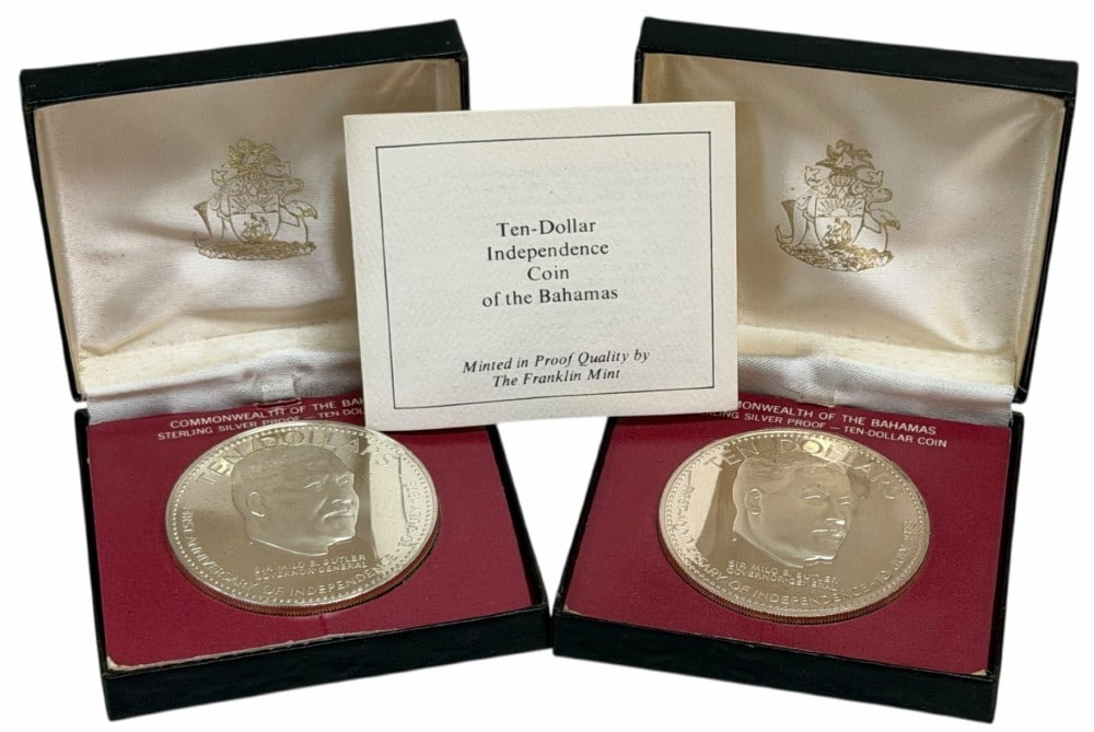 (2) 1974 Bahamas Independence Day Ten Dollar Proof Silver Coins 2.999 Ounces Of Silver: (2) 1974 Bahamas Independence Day Ten Dollar Proof Silver Coins. The coins are .925 fine and contain 1.4995 troy ounces of pure silver each, the total weight is 2.999 troy ounces of pure silver. They