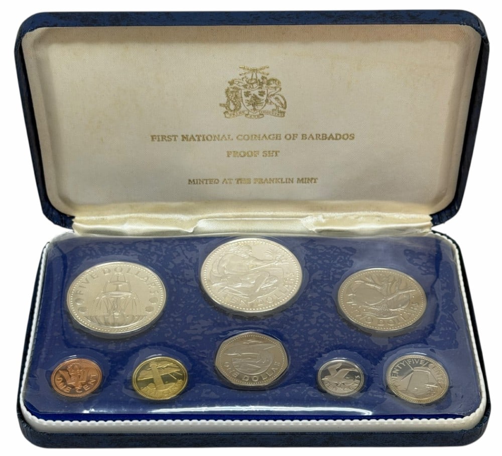 1973 First National Coinage Of Barbados 8-Coin Proof Set 1.927 Ounces Of Silver: 1973 First National Coinage Of Barbados 8-Coin Proof Set. The $10 coin is .925 fine and contains 1.1271 troy ounces of pure silver, the $5 coin is .800 fine and contains .7999 troy ounces of pure silv