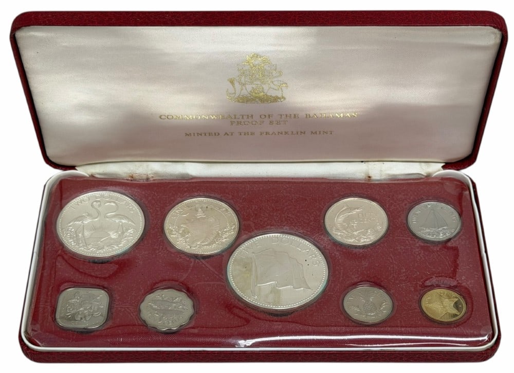 1974 Bahamas 9-Coin Proof Set 2.8721 Ounces Of Silver: 1974 Bahamas 9-Coin Proof Set. The $5 coin is .925 fine and contains 1.2526 troy ounces of pure silver, the $2 coin is .925 fine and contains .8862 troy ounces of pure silver, the $1 coin is .800 fine