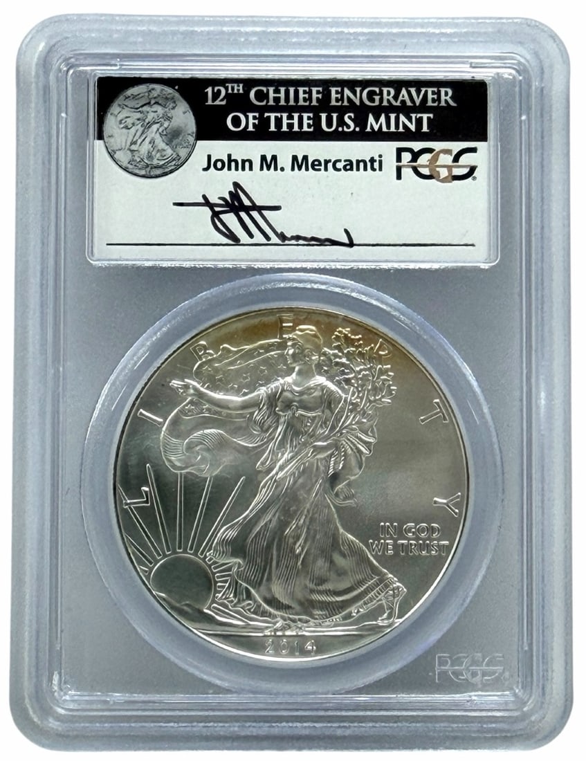 2014 American Silver Eagle PCGS MS 70 First Strike Mercanti Signed: 2014 American Silver Eagle Coin graded MS 70 First Strike Government Box #1 by PCGS. Hand-signed by the 12th US Mint Chief Engraver John M. Mercanti.