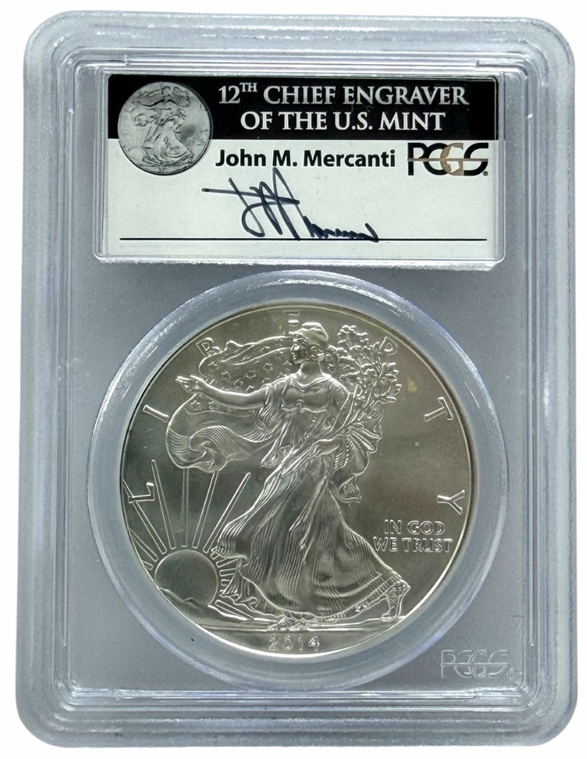 2014 American Silver Eagle PCGS MS 70 First Strike Mercanti Signed: 2014 American Silver Eagle Coin graded MS 70 First Strike Government Box #9 by PCGS. Hand-signed by the 12th US Mint Chief Engraver John M. Mercanti.