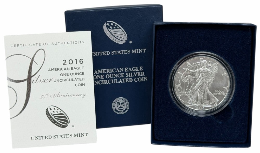 2016-W Burnished American Eagle 30th Anniversary One Troy Ounce Silver Uncirculated Coin In Box: 2016-W Burnished American Eagle 30th Anniversary One Troy Ounce .999 Fine Silver Uncirculated Coin In Box. West Point Mint in the original mint packaging with COA.