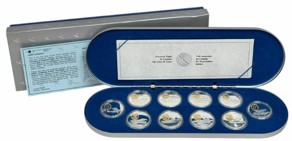 1990-94 Canada 10 Pc. Powered Flight In Canada The First 50 Years $20 Sterling Silver Proof Coin Set: 1990-94 Canada 10 Piece Powered Flight In Canada The First 50 Years $20 Sterling Silver Proof Coin Set. Each coin contains .925 troy ounces of pure silver, total silver weight 9.25 troy ounces. The se