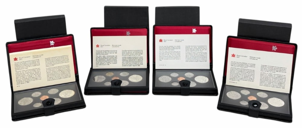 1979-1980-1981-1982 Canada Proof Sets With Silver Commemorative Dollars: 1979-1980-1981 & 1982 Canada Proof Sets. The sets are in new condition in the original boxes with paperwork. The 1979 set includes the 50% silver The Griffon Commemorative Dollar, the 1980 includes th