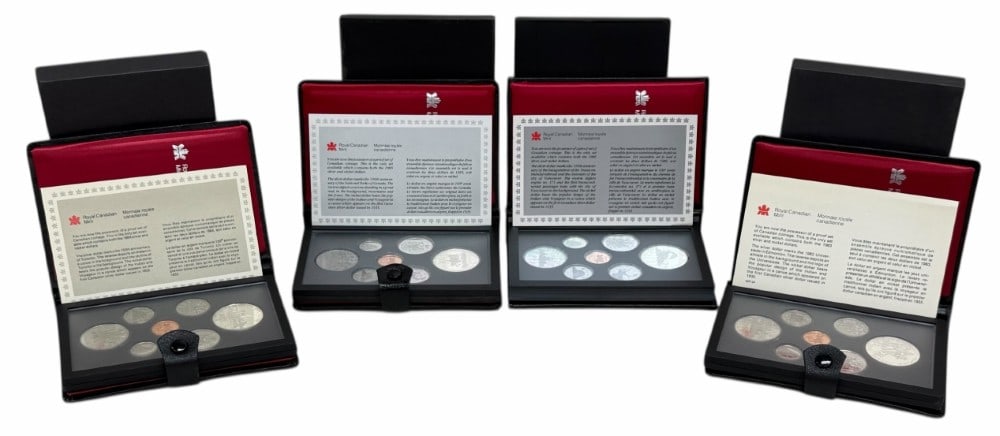 1983-1984-1985-1986 Canada Proof Sets With Silver Commemorative Dollars: 1983-1984-1985 & 1986 Canada Proof Sets. The sets are in new condition in the original boxes with paperwork. The 1983 set includes the 50% silver Edmonton Games Commemorative Dollar, the 1984 includes