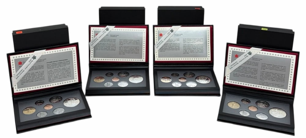1988-1989-1990-1991 Canada Proof Sets With Silver Commemorative Dollars: 1988-1989-1990 & 1991 Canada Proof Sets. The sets are in new condition in the original boxes with paperwork. The 1988 set includes the 50% silver Ironworkers Commemorative Dollar, the 1989 includes th