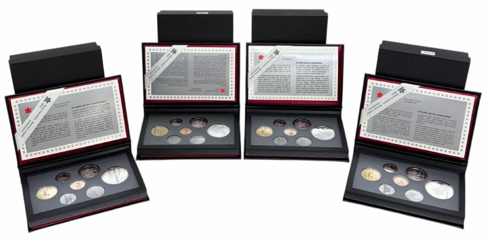 1991-1992-1993-1995 Canada Proof Sets With Silver Commemorative Dollars: 1991-1992-1990 & 1991 Canada Proof Sets. The sets are in new condition in the original boxes with paperwork. The 1991 set includes the 50% silver Frontenac on Lake Ontario Commemorative Dollar, the 19