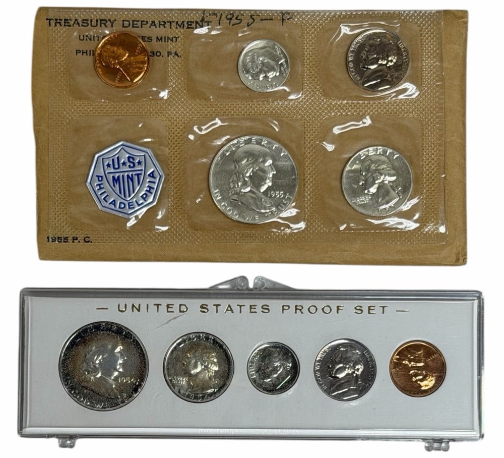 1954 & 1955 United States Mint Proof Sets: 1954 & 1955 United States Mint Proof Sets. The 1954 is in a plastic snap case and the 1955 is in the original sealed mint packaging, the envelope has been opened. Each set contains 85 cents face value