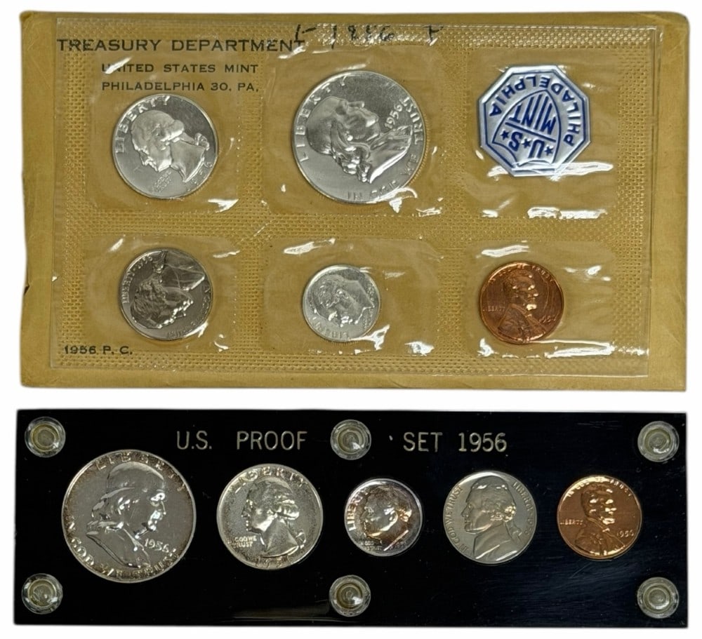 (2) 1956 United States Mint Proof Sets: (2) 1956 United States Mint Proof Sets. One set is in a Capital holder and the other is in the original sealed mint packaging, the envelope has been opened. Each set contains 85 cents face value is 90