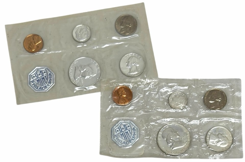 1959 & 1961 United States Mint Proof Sets: 1959 & 1961 United States Mint Proof Sets. The sets are in the original sealed mint packaging, no envelopes. Each set contains 85 cents face value is 90% silver coin, total face value of silver coins