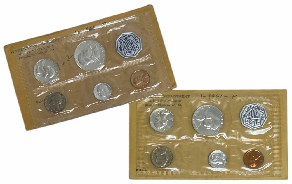 1961 & 1962 United States Mint Proof Sets: 1961 & 1962 United States Mint Proof Sets. The sets are in the original sealed mint packaging, envelopes have been opened. Each set contains 85 cents face value is 90% silver coin, total face value of