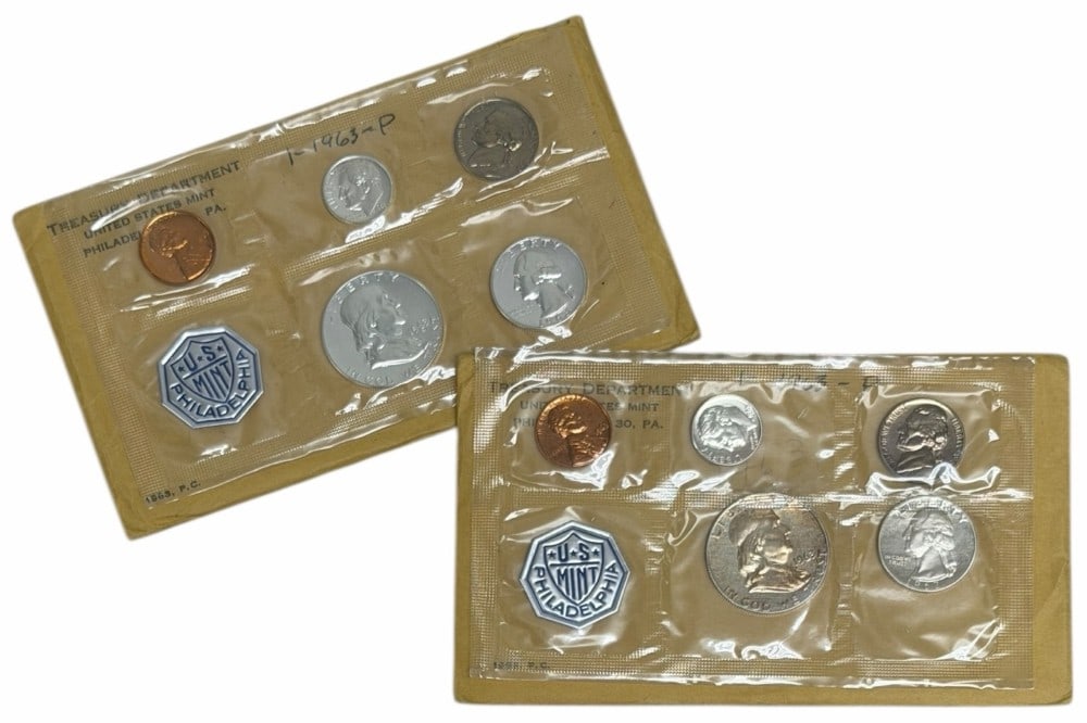 (2) 1963 United States Mint Proof Sets: (2) 1963 United States Mint Proof Sets. The sets are in the original sealed mint packaging, envelopes have been opened. Each set contains 85 cents face value is 90% silver coin, total face value of si
