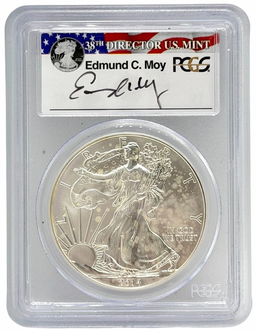 2014 American Silver Eagle Graded PCGS MS 69 Edmond C. Moy Signed Label: 2014 American Silver Eagle Coin graded MS 69 by PCGS. Hand-signed by the 38th US Mint Director Edmund C. Moy.