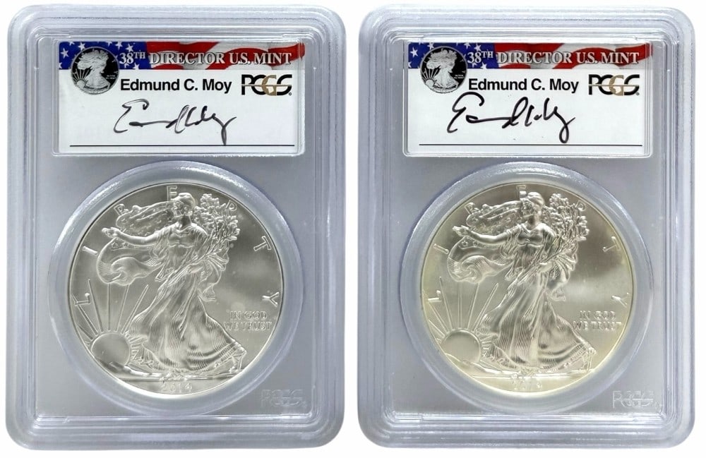 (2) 2014 American Silver Eagles Graded PCGS MS 69 Edmond C. Moy Signed Label: (2) 2014 American Silver Eagle Coins graded MS 69 by PCGS. Hand-signed by the 38th US Mint Director Edmund C. Moy.