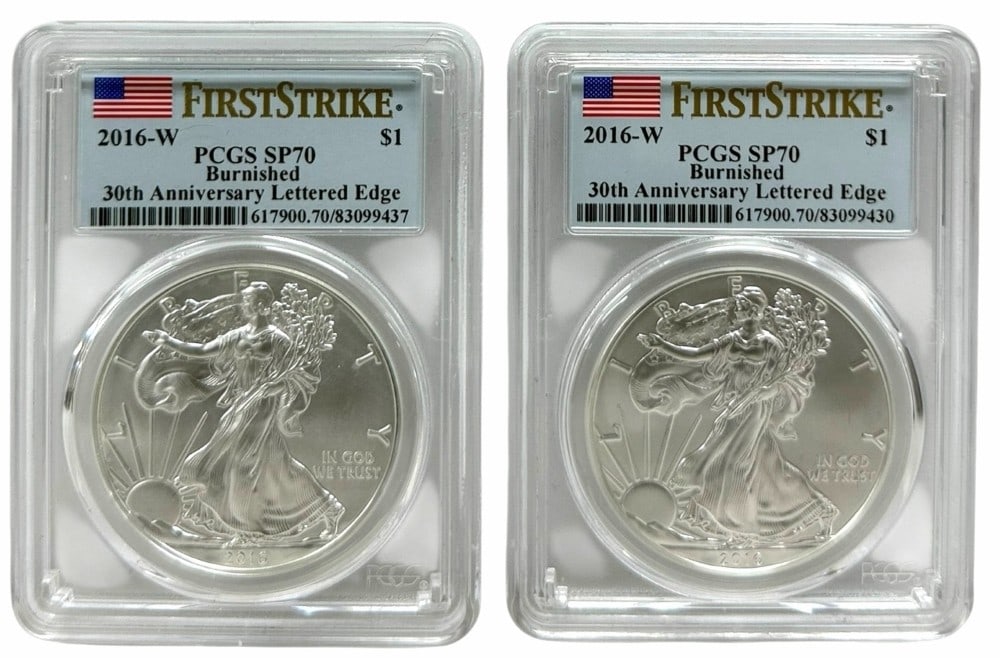 (2) 2016-W Burnished American Silver Eagles PCGS SP 70 First Strike 30th Anniversary Lettered Edge: (2) 2016-W Burnished American Silver Eagle Coins graded SP 70 First Strike by PCGS. 30th Anniversary Lettered Edge.