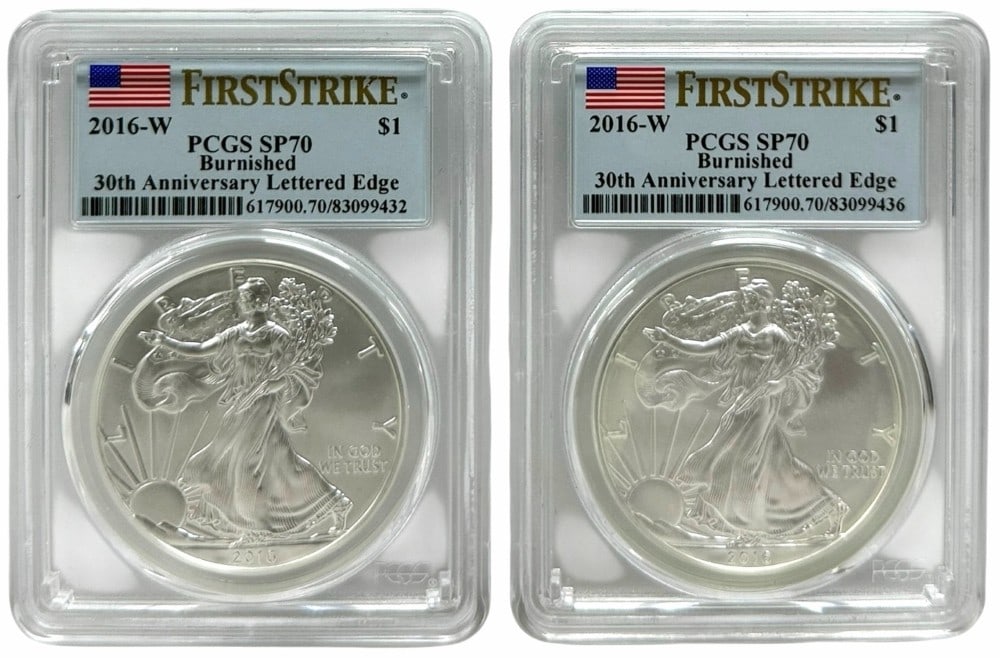 (2) 2016-W Burnished American Silver Eagles PCGS SP 70 First Strike 30th Anniversary Lettered Edge: (2) 2016-W Burnished American Silver Eagle Coins graded SP 70 First Strike by PCGS. 30th Anniversary Lettered Edge.