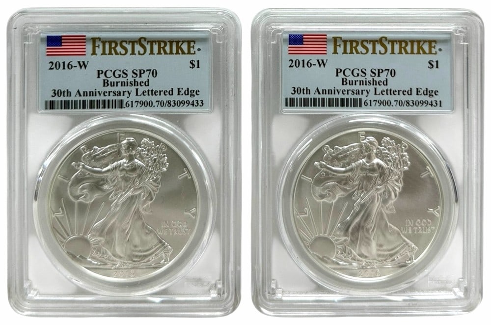 (2) 2016-W Burnished American Silver Eagles PCGS SP 70 First Strike 30th Anniversary Lettered Edge: (2) 2016-W Burnished American Silver Eagle Coins graded SP 70 First Strike by PCGS. 30th Anniversary Lettered Edge.