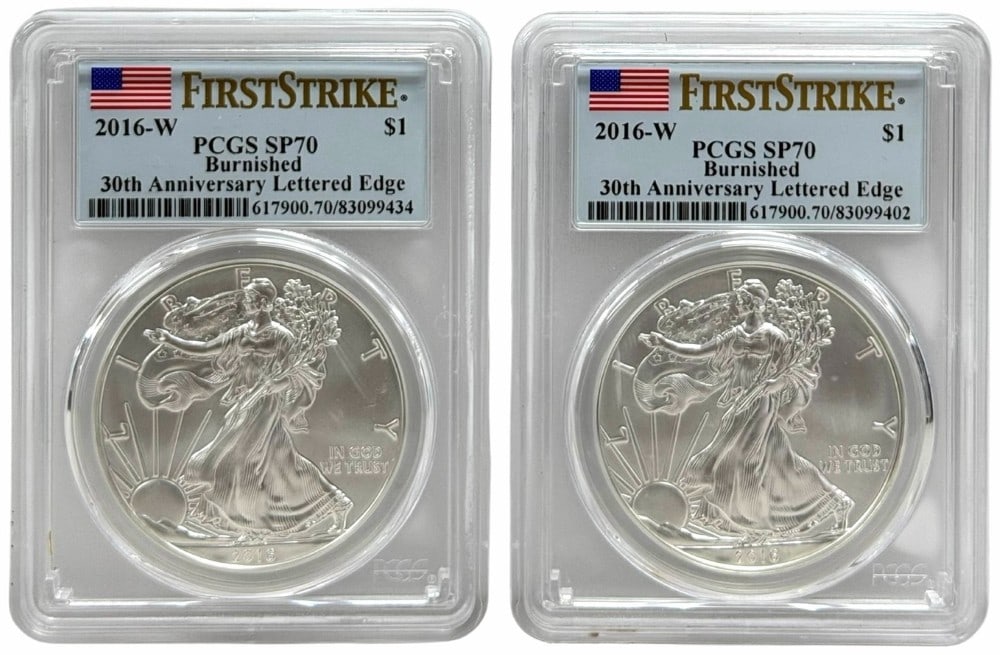 (2) 2016-W Burnished American Silver Eagles PCGS SP 70 First Strike 30th Anniversary Lettered Edge: (2) 2016-W Burnished American Silver Eagle Coins graded SP 70 First Strike by PCGS. 30th Anniversary Lettered Edge.
