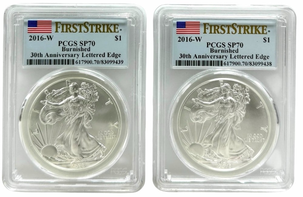 (2) 2016-W Burnished American Silver Eagles PCGS SP 70 First Strike 30th Anniversary Lettered Edge: (2) 2016-W Burnished American Silver Eagle Coins graded SP 70 First Strike by PCGS. 30th Anniversary Lettered Edge.
