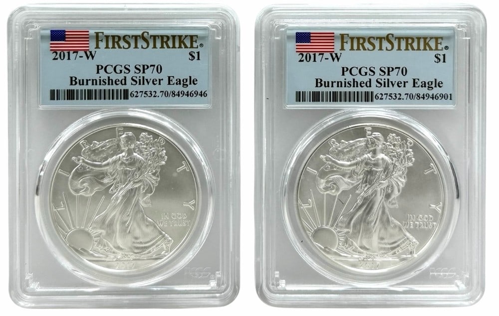 (2) 2017-W Burnished American Silver Eagles PCGS SP 70 First Strike: (2) 2017-W Burnished American Silver Eagle Coins graded SP 70 First Strike by PCGS.