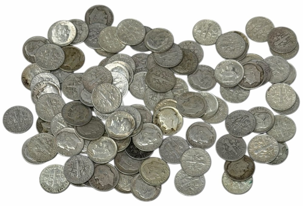 $10 Face Value Of Mixed Date 90% Silver Roosevelt Dimes: $10 Face Value of Mixed Date 90% Silver Roosevelt Dimes. 100 coins with mixed conditions, dates, and mint marks.