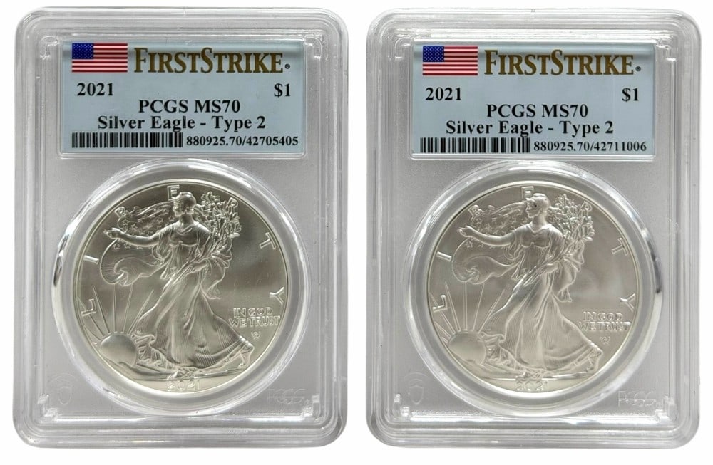 (2) 2021 American Silver Eagles PCGS MS 70 First Strike Type 1 (1 of 2)