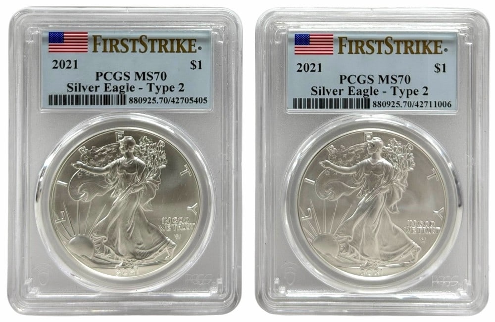 (2) 2021 American Silver Eagles PCGS MS 70 First Strike Type 2 (1 of 2)