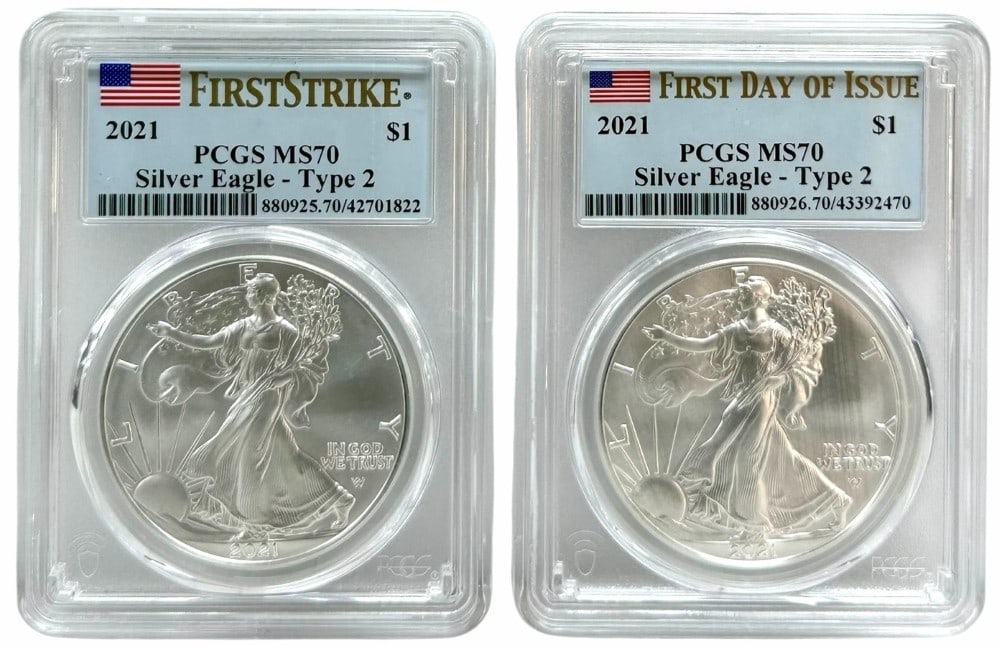 (2) 2021 American Silver Eagles PCGS MS 70 First Strike Type 2 (1 of 2)