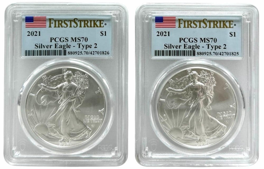 (2) 2021 American Silver Eagles PCGS MS 70 First Strike Type 2 (1 of 2)