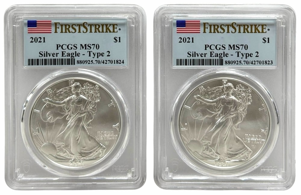 (2) 2021 American Silver Eagles PCGS MS 70 First Strike Type 2 (1 of 2)