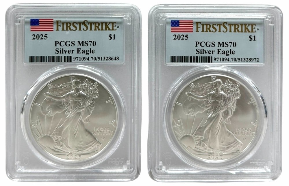 (2) 2025 American Silver Eagles PCGS MS 70 First Strike: (2) 2025 American Silver Eagle Coins graded MS 70 First Strike by PCGS.