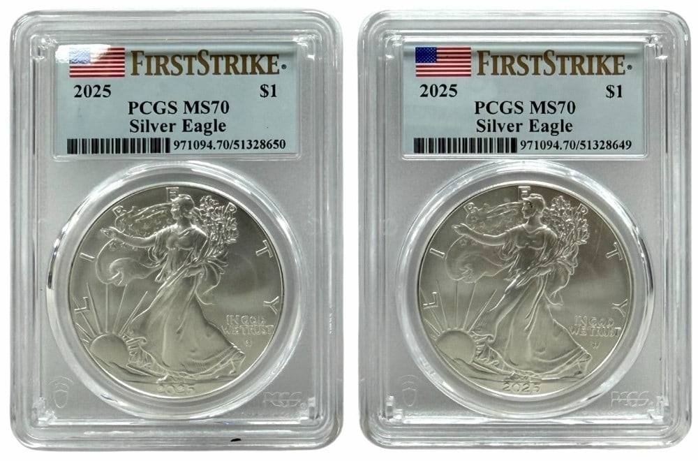 (2) 2025 American Silver Eagles PCGS MS 70 First Strike: (2) 2025 American Silver Eagle Coins graded MS 70 First Strike by PCGS.