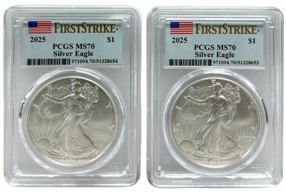 (2) 2025 American Silver Eagles PCGS MS 70 First Strike (1 of 2)