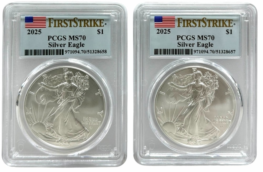 (2) 2025 American Silver Eagles PCGS MS 70 First Strike: (2) 2025 American Silver Eagle Coins graded MS 70 First Strike by PCGS.