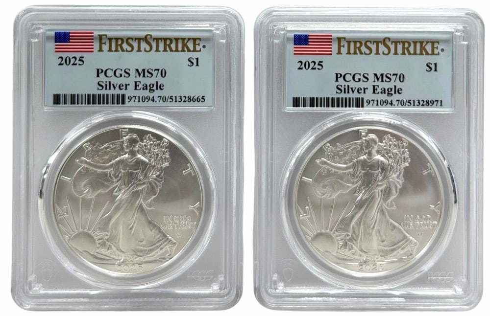 (2) 2025 American Silver Eagles PCGS MS 70 First Strike: (2) 2025 American Silver Eagle Coins graded MS 70 First Strike by PCGS.