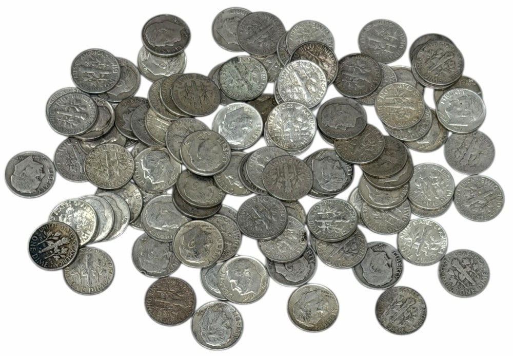 $10 Face Value Of Mixed Date 90% Silver Roosevelt Dimes: $10 Face Value of Mixed Date 90% Silver Roosevelt Dimes. 100 coins with mixed conditions, dates, and mint marks.