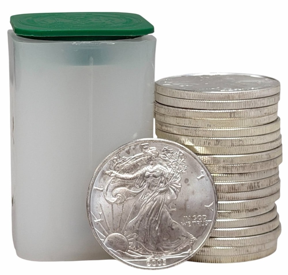 Roll Of Twenty 2003 United States Silver American Eagle 1 Ounce .999 Fine Silver Dollars: Roll Of Twenty 2003 United States Silver American Eagle 1 Ounce .999 Fine Silver Dollars. The coins are uncirculated in the original U.S. Mint plastic tube. Total weight 20 troy ounces of .999 fine si