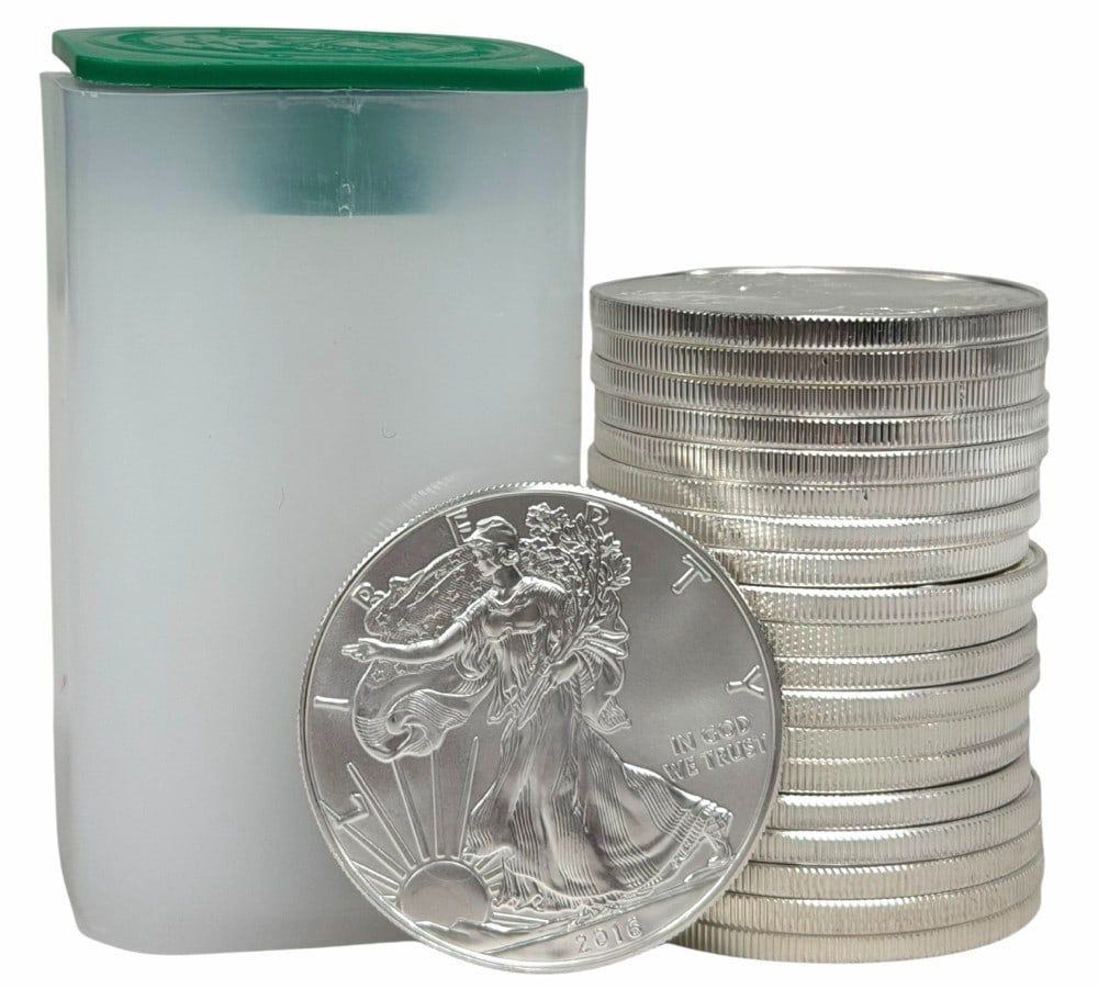 Roll Of Twenty 2016 United States Silver American Eagle 1 Ounce .999 Fine Silver Dollars: Roll Of Twenty 2016 United States Silver American Eagle 1 Ounce .999 Fine Silver Dollars. The coins are uncirculated in the original U.S. Mint plastic tube. Total weight 20 troy ounces of .999 fine si