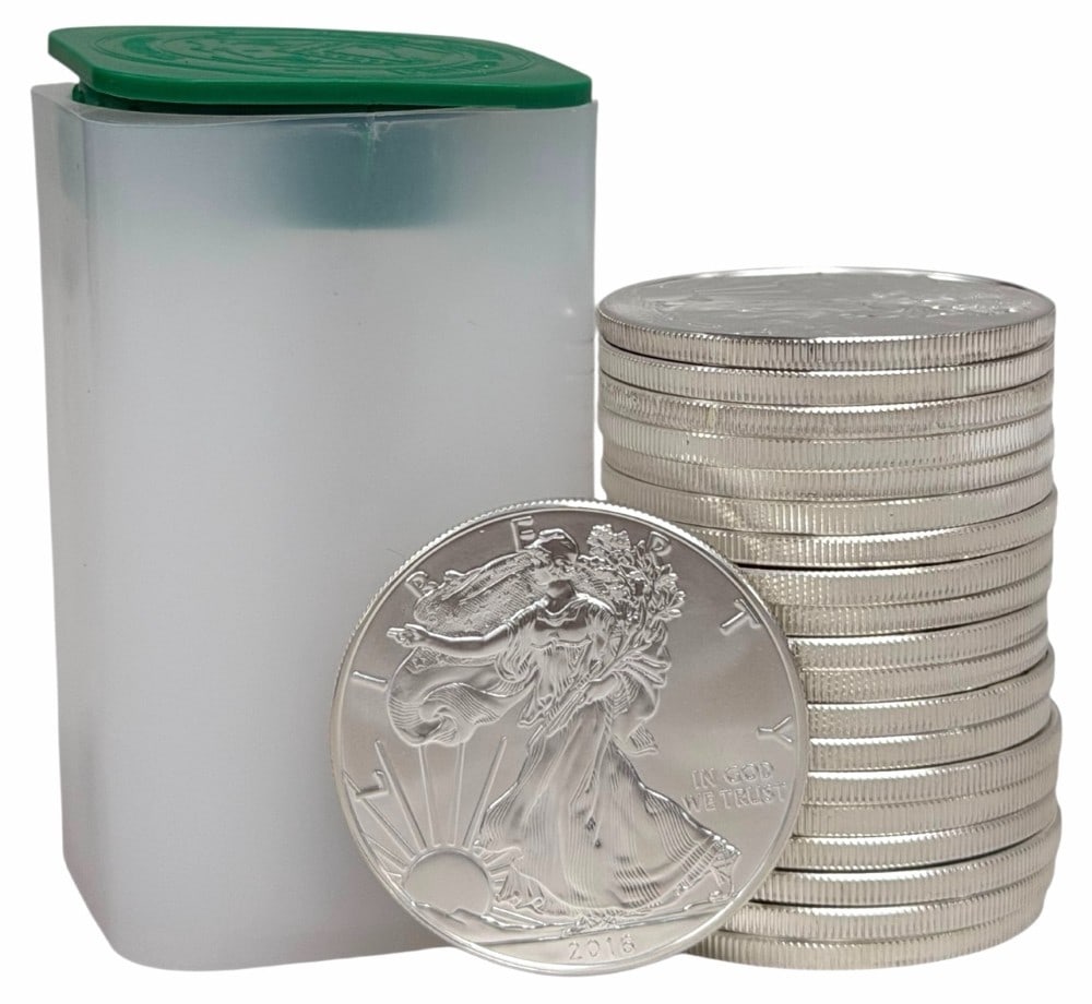 Roll Of Twenty 2016 United States Silver American Eagle 1 Ounce .999 Fine Silver Dollars: Roll Of Twenty 2016 United States Silver American Eagle 1 Ounce .999 Fine Silver Dollars. The coins are uncirculated in the original U.S. Mint plastic tube. Total weight 20 troy ounces of .999 fine si