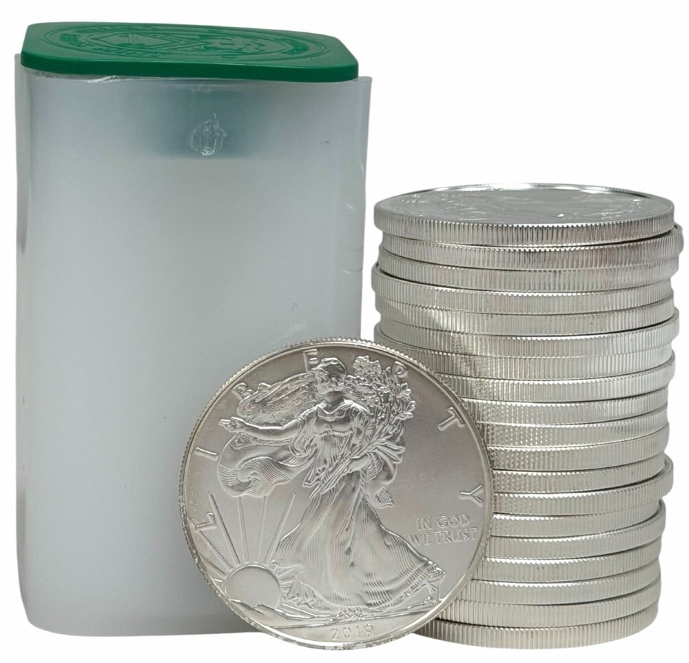 Roll Of Twenty 2019 United States Silver American Eagle 1 Ounce .999 Fine Silver Dollars: Roll Of Twenty 2019 United States Silver American Eagle 1 Ounce .999 Fine Silver Dollars. The coins are uncirculated in the original U.S. Mint plastic tube. Total weight 20 troy ounces of .999 fine si